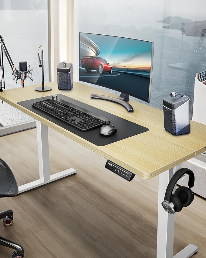 ErGear Height Adjustable Electric Standing Desk, 63 x 28 Inches Sit Stand up Desk, Large Memory Computer Home Office Desk with Two-Piece Desktop (Natural)