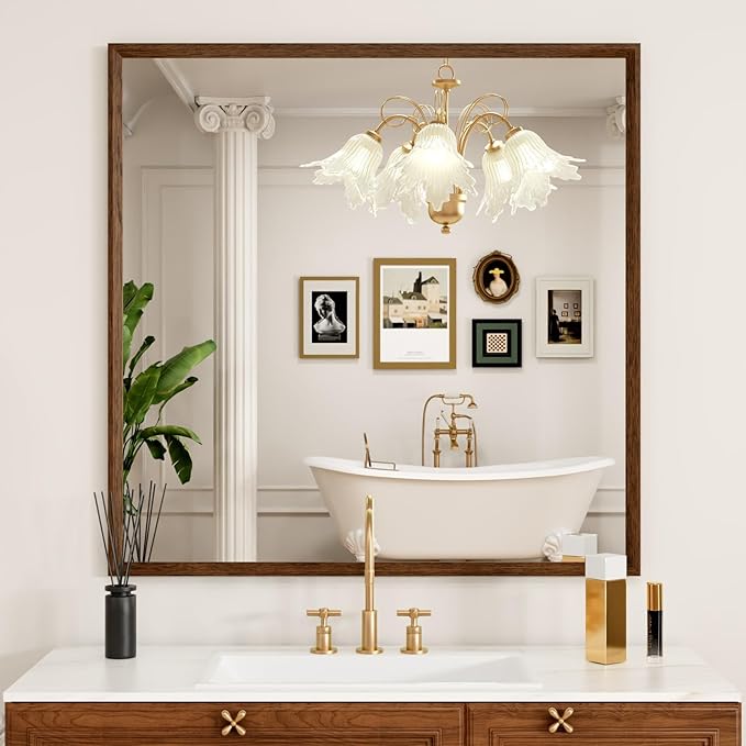 Rectangle Bathroom Mirror 40x36 Inch, Walnut Wood Grain Framed, Anti-Rust & 4mm Tempered Glass, Horizontal/Vertical Hanging Vanity Mirror for Bathroom & Bedroom