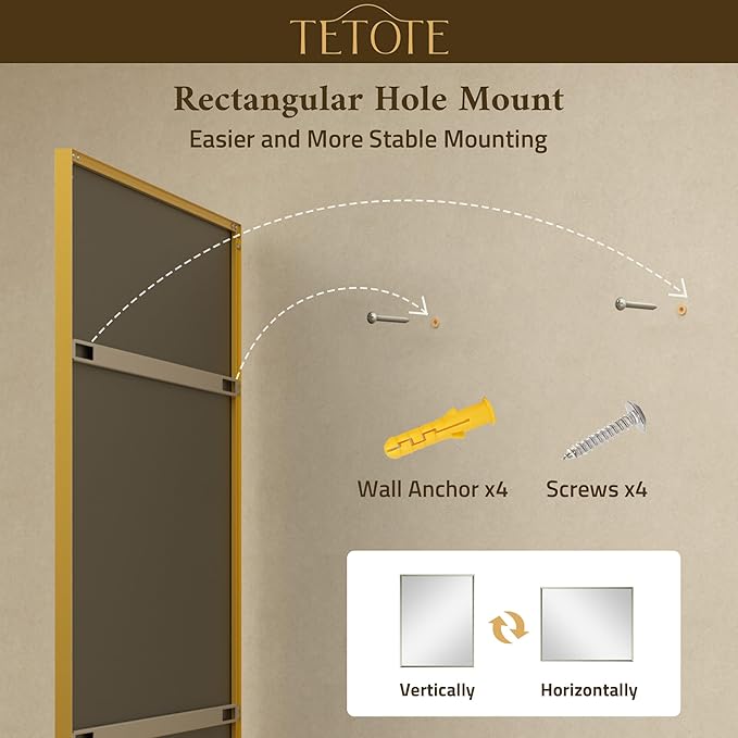 TETOTE Brushed Gold Frame Mirror for Bathroom Wall 48" x 24" Brushed Brass Beveled Rectangle Bathroom Vanity Mirror for Over Sink, Bedroom, Entryway, Living Room, Tempered Glass, Stronger Frame