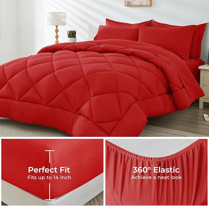 HEVUMYI Red King Comforter Set - 7-Piece All Season Bed in a Bag King, Ultra Soft Bedding Set with Comforter, Flat Sheet, Fitted Sheet, Pillowcases, Pillow Shams