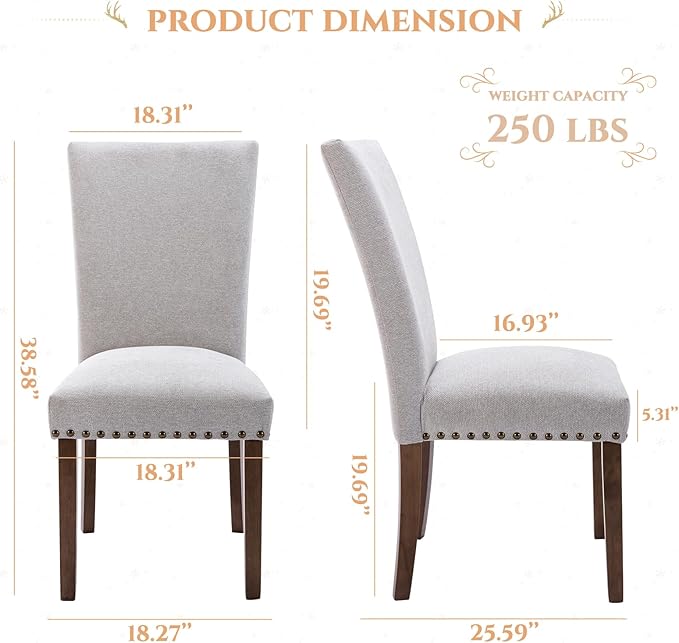 Parsons Dining Chairs Set of 6, Upholstered Nailhead Dining Room Kitchen Side Chair with Thick Cushions and Wood Legs, Light Grey