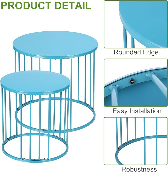SUNNYPARK Outdoor Side Table Set of 2, Metal Circle Accent End Tables for Balcony Backyard Garden Indoor Living Room, Durable Black Nesting Coffee Tables, 20”+16” Dia