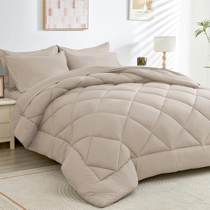 HEVUMYI Khaki King Comforter Set - 7-Piece All Season Bed in a Bag King, Ultra Soft Bedding Set with Comforter, Flat Sheet, Fitted Sheet, Pillowcases, Pillow Shams
