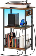 HOOBRO Record Player Stand with Charging Station and LED, Turntable Stand with Storage, 3 Tier End Table Hold Up to 100 Albums, Record Table for Vinyl, Living Room, Rustic Brown and Black BF06UDRS01