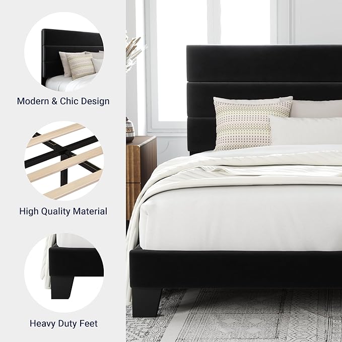 Allewie King Size Platform Bed Frame with Velvet Upholstered Headboard and Wooden Slats Support, Fully Upholstered Mattress Foundation/No Box Spring Needed/Easy Assembly, Black