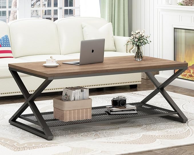 LVB Wood Coffee Table, Metal Wooden 2 Tier Center Tables with Storage, Industrial Cocktail Table with Shelf for Living Room, Farmhouse Rectangle Middle Table for Office Bedroom, 47 inch, Rustic Oak