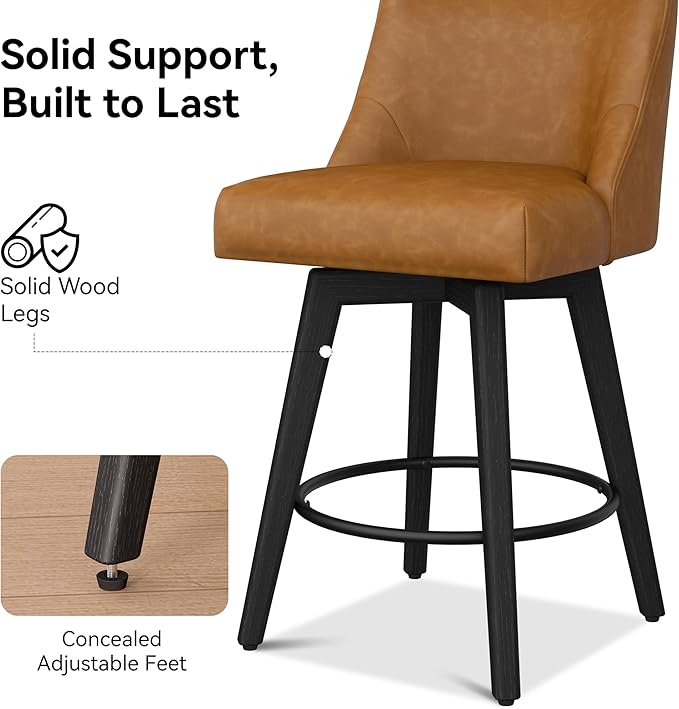 Counter Height Bar Stools Set of 4, Modern Swivel Barstools with Back and Wood Legs, Faux Leather Upholstered Bar Chairs, 26" H Kitchen Counter Stools, Kitchen Island Home Bar, Whisky Brown