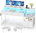 53" Computer Desk with 4 Drawers & Power Outlets, Reversible Home Office Desk with Monitor Stand & Printer Stand, Gaming Desk with Led Lights, Study Writing Work Desk Table for Bedroom (White)