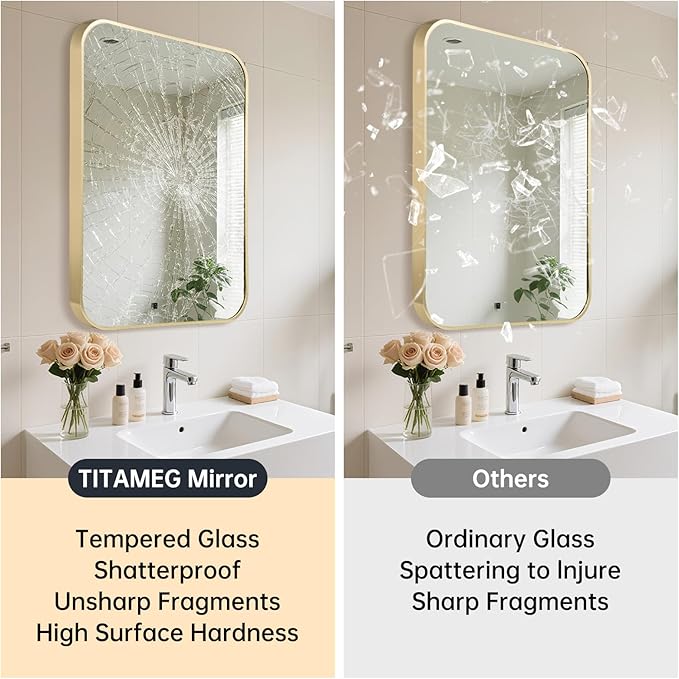 22x30 Inch Bathroom Mirror for Wall,Gold Framed Rectangle Mirror with Rounded Corner,Aluminum Alloy Framed Brushed Wall Mirror for Bedroom or Living Room,Vertical or Horizontal