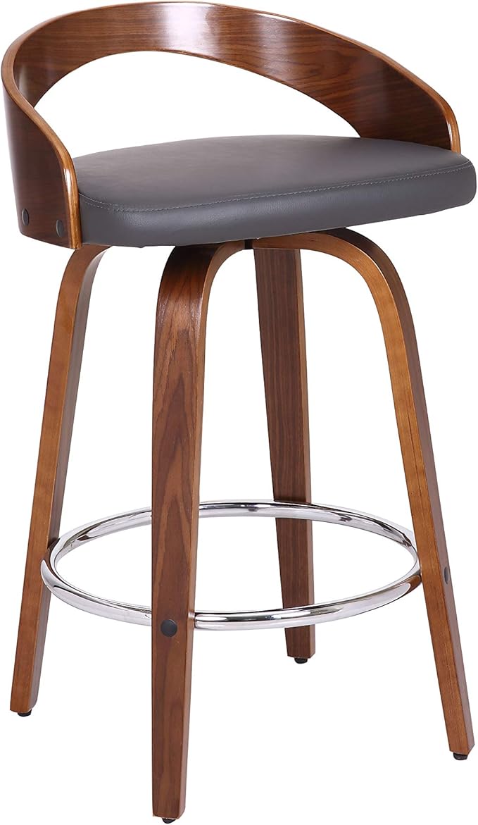 Armen Living Sonia 26" Counter Height Swivel Gray Faux Leather and Walnut Wood Bar Stool - Set of 3