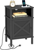 Nightstand with Charging Station, Farmhouse Nightstand, end Table with 2 Tiers Storage Space and Storage Cabinet, Sofa Side Tables for Bedroom, Living Room BZ0601BKE
