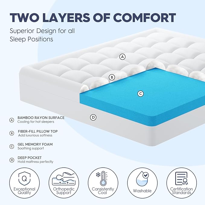 ELEMUSE Full XL Dual Layer 3 Inch Memory Foam Mattress Topper, 2 Inch Cooling Gel Memory Foam and 1 Inch Thick Soft Pillow Top Mattress Pad Cover for Back Pain Relief, Side Sleep Bed Topper