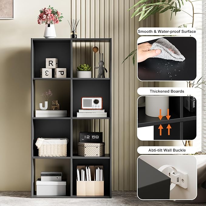 Sweetcrispy 8 Cube Storage Organizer - Open Cube Bookshelf with 4 Removable Back Panels, Display Storage Bookcase for Living Room, Bedroom, Entrance Hall, Home Office，47.7"L×11.6" W×24"H, Drak Black