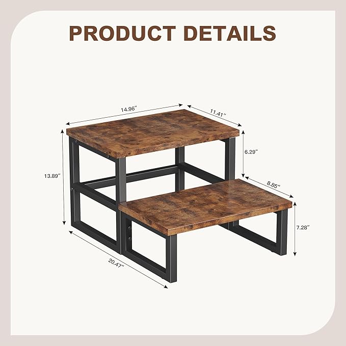 Homeiju 3 in 1 Step Stools for Adults Kids Toddler, Heavy Duty Wooden Step Stool with Non-Slip Pads, 2 Tire Step Stool for Kitchen Bathroom Bedroon Stepping Stool, Rustic Brown