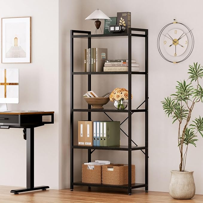 Casaottima Book Shelf, 5 Tier Bookshelf, Modern Wood Bookcase Shelves for Bedroom, Industrial Display Shelf for Living Room Home Office Kitchen, Standing Shelving Unit Storage Organizer, Black