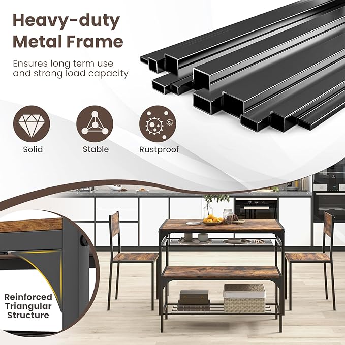 Giantex Dining Table Set for 4, Kitchen Table with Chairs & Bench, Storage Racks, Metal Frame, 4-Piece Space-Saving Dinette Set for Dining Room, Breakfast Nook, Small Space, Apartment,Rustic Brown