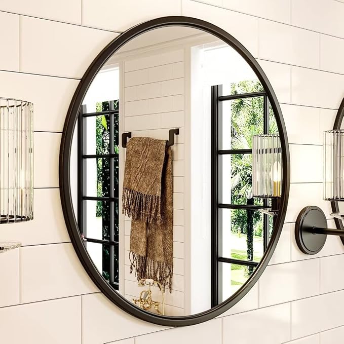 Growsun 28'' Black Round Mirror for Bathroom, Circle Bathroom Mirror for Wall, Entryway Living Room with Metal Frame for Home Decor, 2 Pack