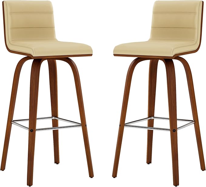 Vienna 30" Swivel Bar Stool in Walnut Wood Finish with Cream Faux Leather - Set of 4