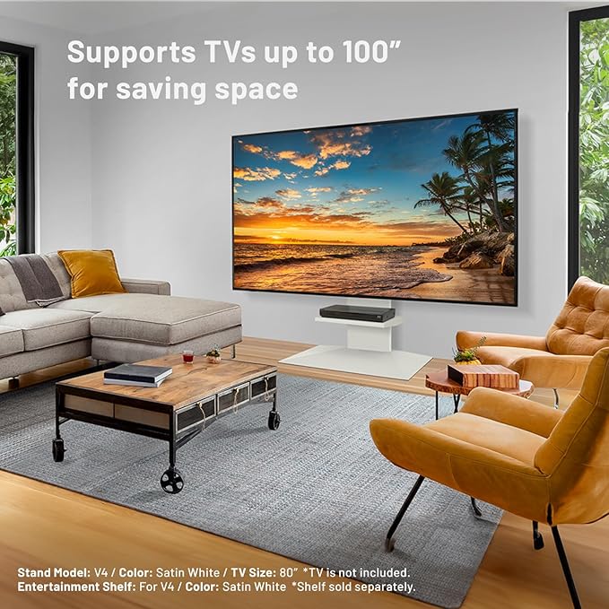 WALL V4 | Sleek Shallow Floor TV Stand for Extra Large 50-100 Inch | Satin Black | for Large Screens | Living Room and Bedroom, Space Saving, Adjustable Mount, No Drill, Japan-Engineered Design