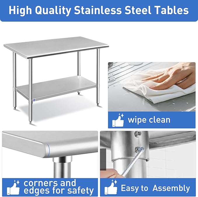 ROCKPOINT Stainless Steel Table for Prep & Work 18x24 Inches, NSF Metal Commercial Kitchen Heavy Duty Table with Adjustable Under Shelf and Table Foot for Restaurant, Home and Hotel