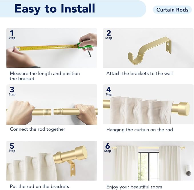 2 Pack Curtain Rods for Windows 66 to 120 Inch(5.5-10ft), 1 Inch Gold Heavy Duty Curtain Rods Set, Adjustable Extra Long Curtain Rod for Patio Bedroom, Outdoor Drapery Rods, Size 32"- 120"