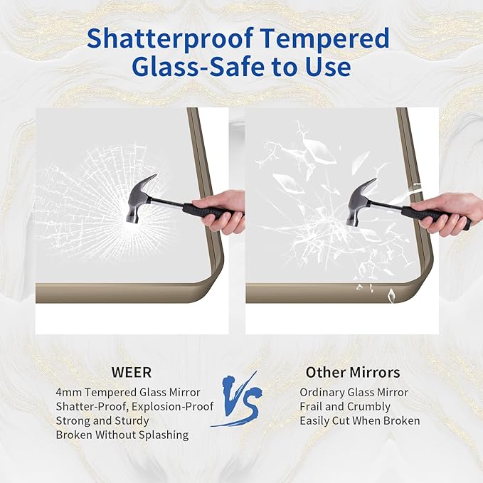 WEER 48x30 Inch Bronze Bathroom Mirror for Vanity, Brushed Bronze Metal Frame Mirror for Wall, Rounded Rectangle Bronze Frame Mirror with Tempered Glass, Anti-Rust (Horizontal/Vertical)