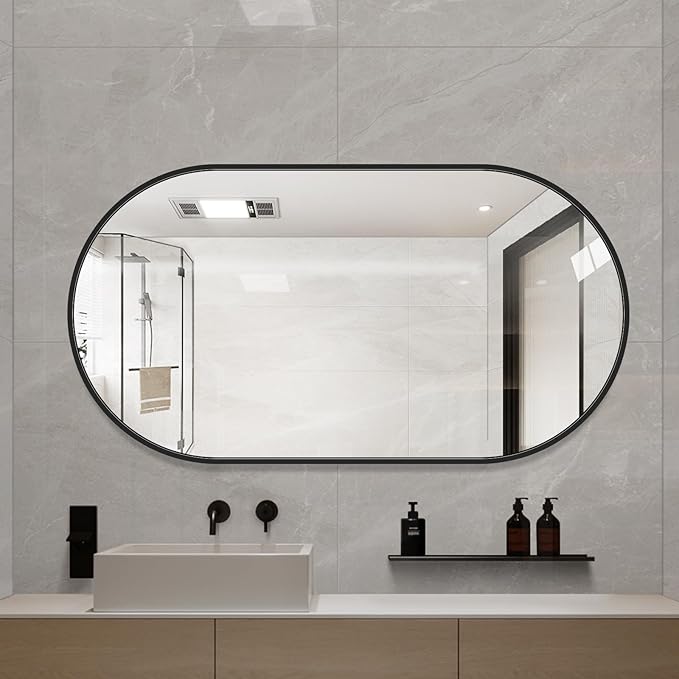 LAIYA 48x30inch Oval Wall Bathroom Mirror with Black Aluminum Frame,Wall Mounted Oval Vanity Mirrors， Explosion-Proof Glass, Waterproof Design, Easy Installation，Horizontally/Vertically