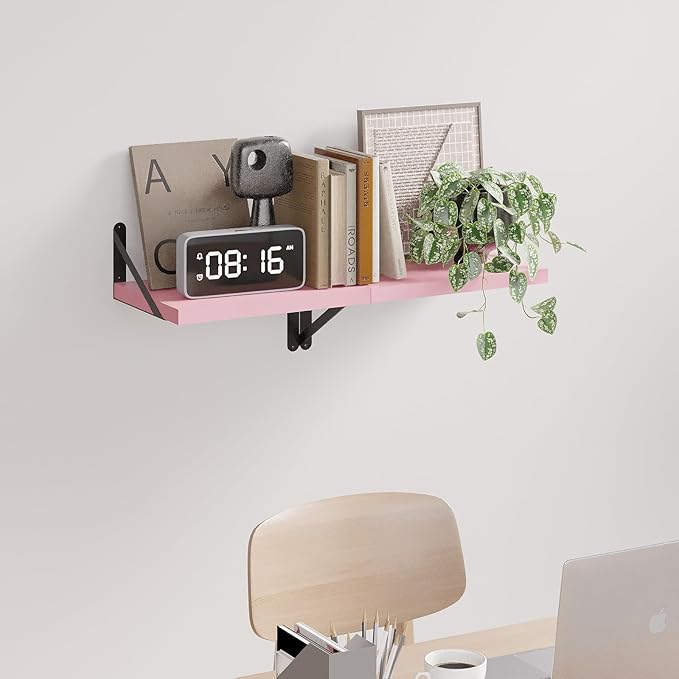 SAUMONIERES Floating Shelves Bookshelf for Bedroom Bathroom Living Room Wood Wall Mounted Wide Deep Storage, Pink Painted Set of 2