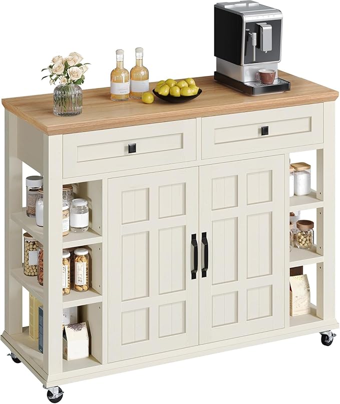 DWVO Kitchen Island with Storage Cabinet, Farmhouse Rolling Island Table on Wheels, Americana Mobile Storage Islands with Open Shelves, Drawers for Living Room, Dining Room, Off White