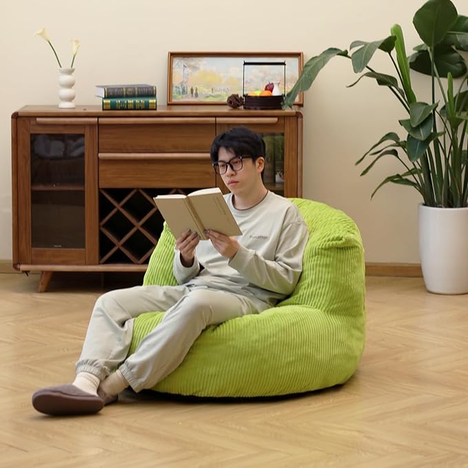 N&V Large Crescent Bean Bag Chair, Adult Size Bean Bag Sack, Foam Filling, Soft Premium Corduroy Bean Bag for Living Room Bedroom Dorm and Office (Lime)