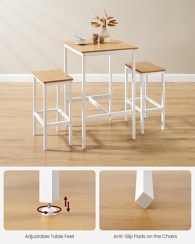 VASAGLE Bar Table and Chairs Set, Square Table with 2 Stools, Dining Pub Set for 2, Space Saving for Kitchen Breakfast, Living Room, Party Room, Golden Oak and Cloud White