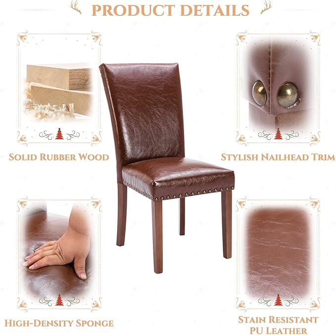 Parsons Dining Chairs Set of 6, Upholstered Nailhead PU Leather Dining Room Kitchen Side Chair with Thick Cushions and Wood Legs, Light Brown