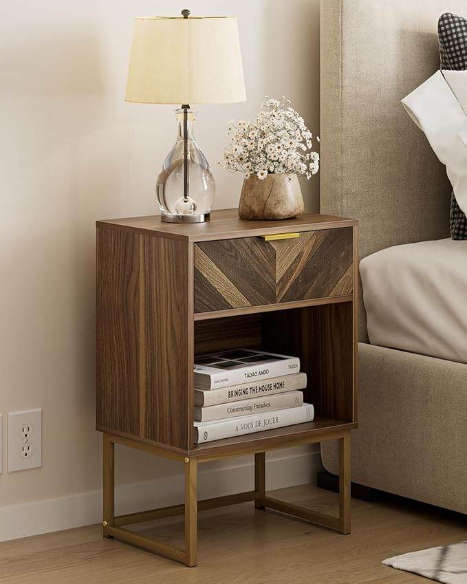 Masupu Extra Large Nightstand,Boho Night Stand Modern Farmhouse Wood Bedside Table with Storage Drawer and Open Shelf,Side End Table for Bedroom,Living Room,Office Brown