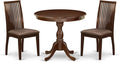 East West Furniture AMIP3-MAH-C 3 Piece Kitchen Table & Chairs Set Contains a Round Dining Room Table with Pedestal and 2 Linen Fabric Upholstered Chairs, 36x36 Inch, Mahogany