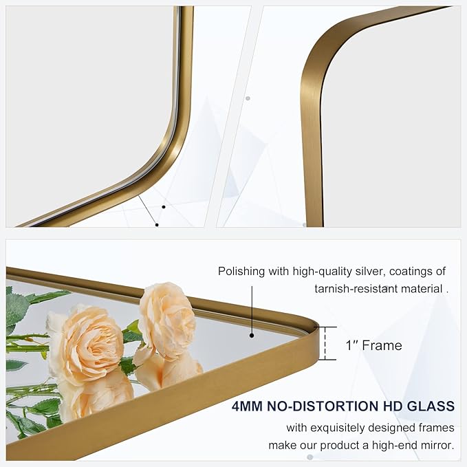 ANDY STAR 30"x48" Brass Gold Bathroom Mirror, Large Wall Mirror for Bathroom, Rounded Rectangle Mirror in Premium Stainless Steel Metal Frame Hangs Horizontal Or Vertical (Brushed Gold)