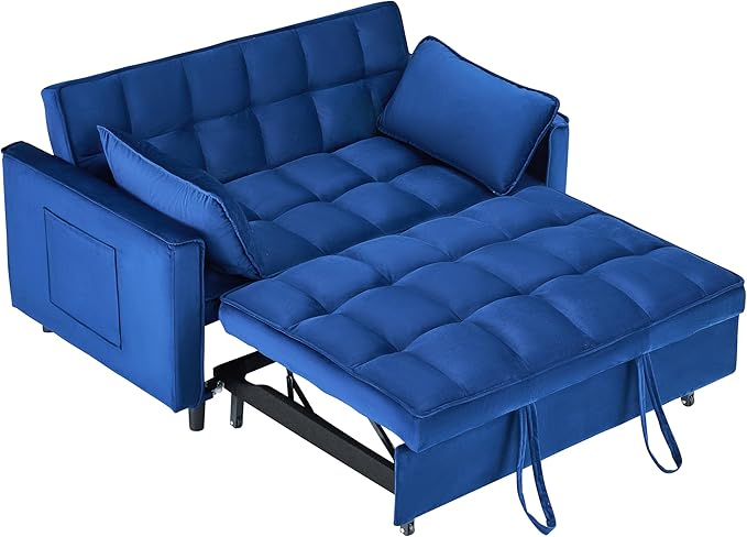 Ball & Cast 3 in 1 Convertible Sleeper Sofa Bed,Velvet Futon Couch with Pull-Out Bed,Convertible Pull Out Couches W/ 2 Pillows,Adjustable Backrest & Side Pocket,for Living Room,Apartment,Blue,55"