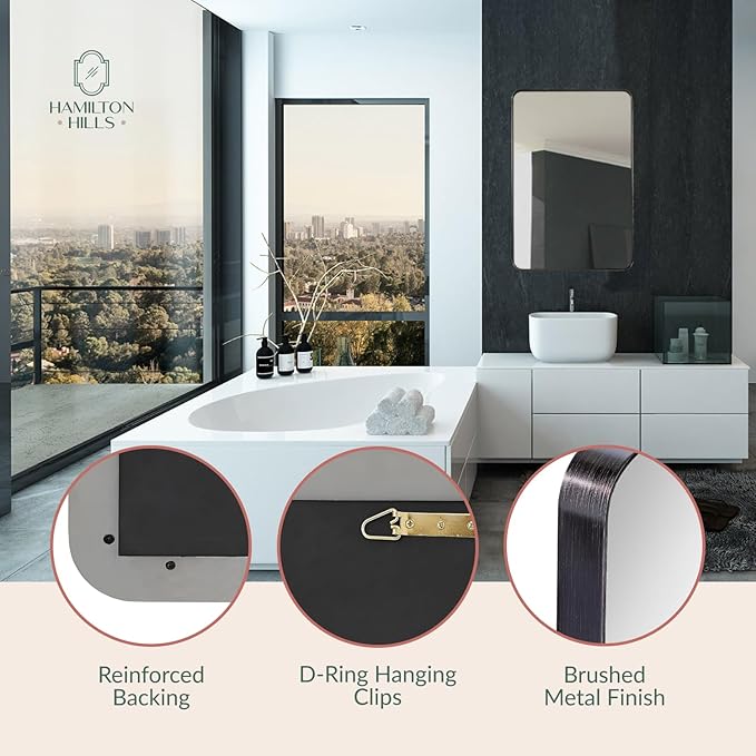 Hamilton Hills 24x36 Inch Metal Black Frame Mirror for Bathroom - Brushed Rectangular Rounded Corner Vanity - 2" Deep Set Design Large Wall Mirrors Decorative - Hangs Horizontal and Vertical