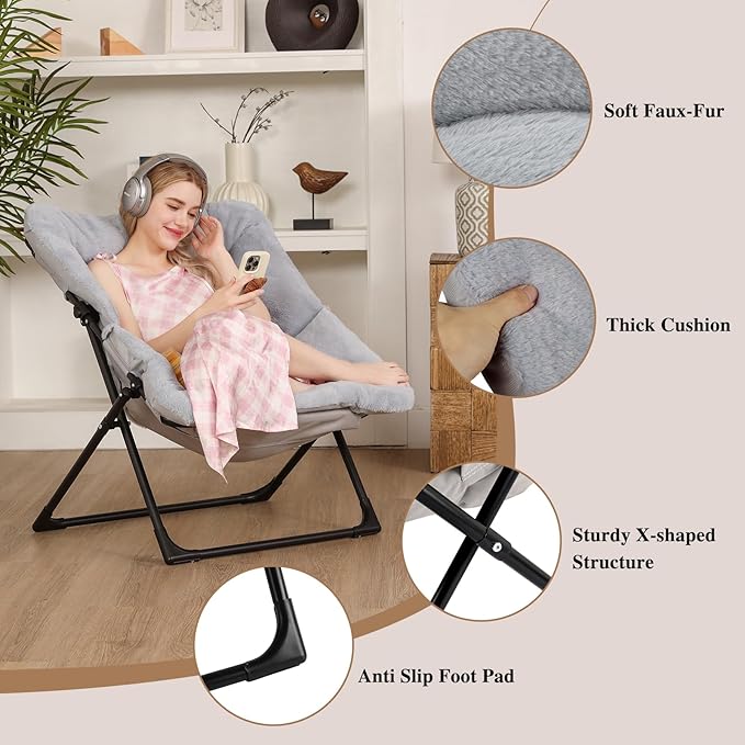 Comfy Saucer Chair for Adults, Soft Faux Fur Bedroom Chair, Accent Dorm Chairs, Flexible Living Room Reading Chairs, Oversized Folding Lounge Seat for Teens, X-Large, Grey