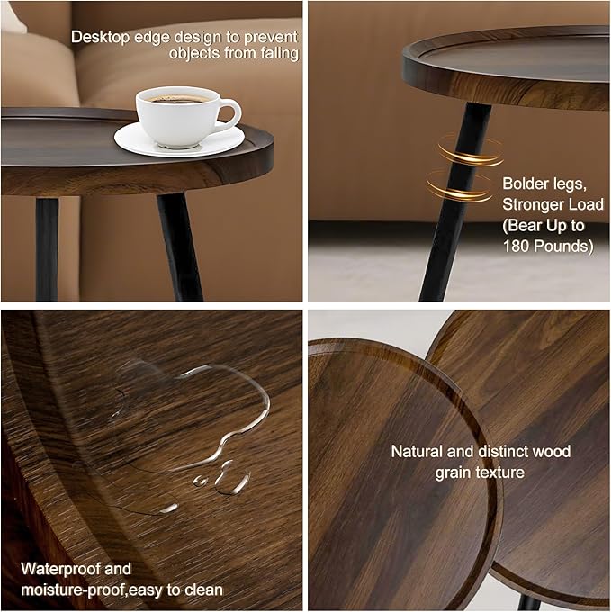 Jessie Small Round Coffee Tables,40x40x48cm Mid Century Modern Nesting Tables,Easy Assembly Circle Walnut Coffee Tables with Non-Slip Feet,Nesting Coffee Table for Living Room Balcony Yard