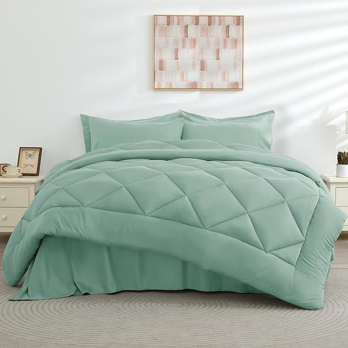 HEVUMYI Sage Green Full Comforter Set - 7-Piece All Season Bed in a Bag Full, Ultra Soft Bedding Set with Comforter, Flat Sheet, Fitted Sheet, Pillowcases, Pillow Shams, Sage Green