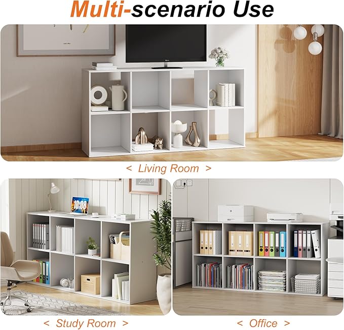 Sweetcrispy 8 Cube Storage Organizer - Open Cube Bookshelf with 4 Removable Back Panels, Display Storage Bookcase for Living Room, Bedroom, Entrance Hall, Home Office，47.7" L×11.6" W×24" H, White