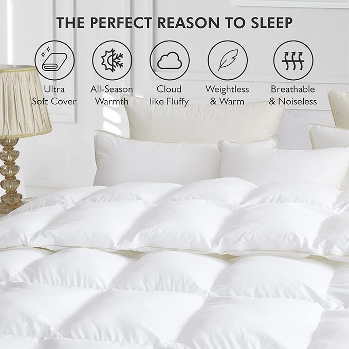 Luxurious White Solid Medium Weight, Twin Size Goose Feathers Down Comforter for All-Season Weather Duvet Insert, Premium Baffle Box, 100% Egyptian Cotton Cover, 55 oz. Fill Weight
