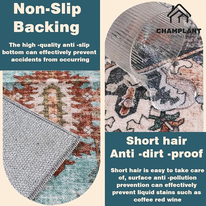 Area Rug 6'x9' Washable Vintage Traditional Floor Cover Thin Retro Kitchen Indoor Distressed Non Slip Carpet Floral Print Mat for Living Room Bedroom Dining Room