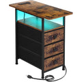 AMHANCIBLE Narrow End Table Living Room with Charging Station, Slim LED Nightstand with Fabric Drawers, Skinny Side Table for Bedroom, Small Spaces, Couch, Rustic Brown, HETN013LBR-1