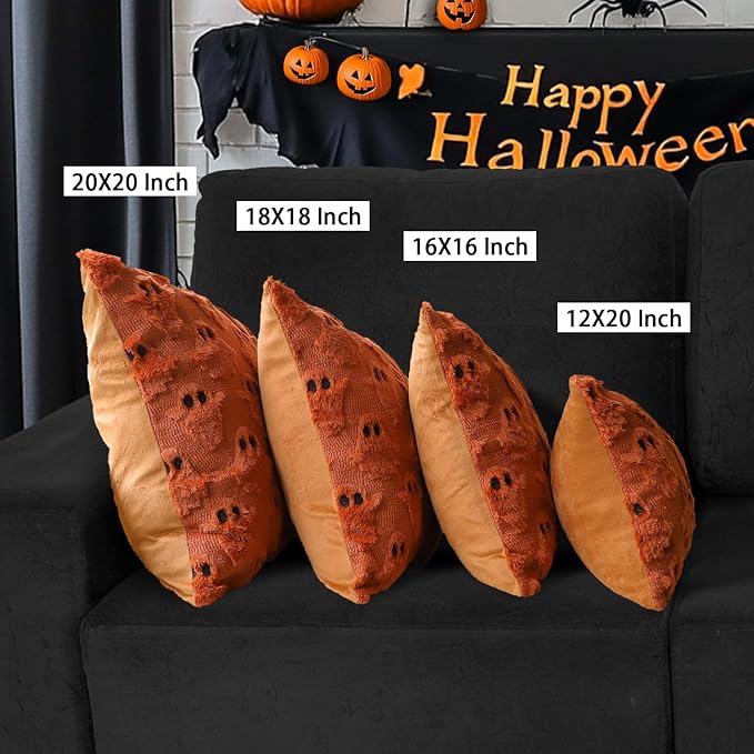4TH Emotion Halloween Ghost Decorative Pillow Covers 16x16 Set of 2, Rust Red Soft Plush Faux Fur Farmhouse Throw Cushion Cases for Fall Autumn Holiday Home Decorations
