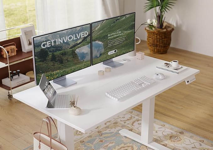 Seang Electric Standing Desk Adjustable Height, 40 x 24 Inch Sit Stand Desk with T-Shaped Frame, 3 Memory Presets & Cable Management for Home Office Computer Workstation, White Frame/White Top