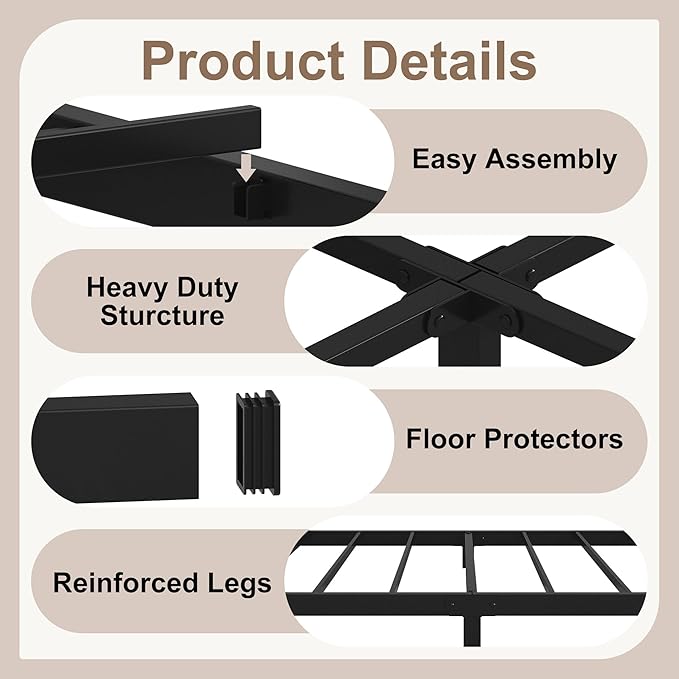 5 Inch Low King Size Bed Frame, Heavy Duty Bed Frame King Size Low Profile, No Box Spring Needed, Easy Assembly, Noise Free, Black