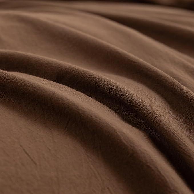 BESTOUCH Duvet Cover Set 100% Washed Cotton Linen Feel Super Soft Comfortable Chic Lightweight 3 PCs Home Bedding Set Solid Cocoa Brown Full/Double