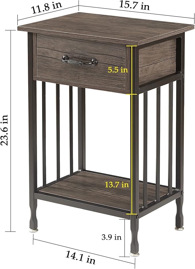 VECELO Nightstands Set of 2, Industrial Side Table/End Tables with Drawer and Storage Shelf, Night Stands for Bedroom, Living Room, Wood Metal Furniture, Easy Assembly