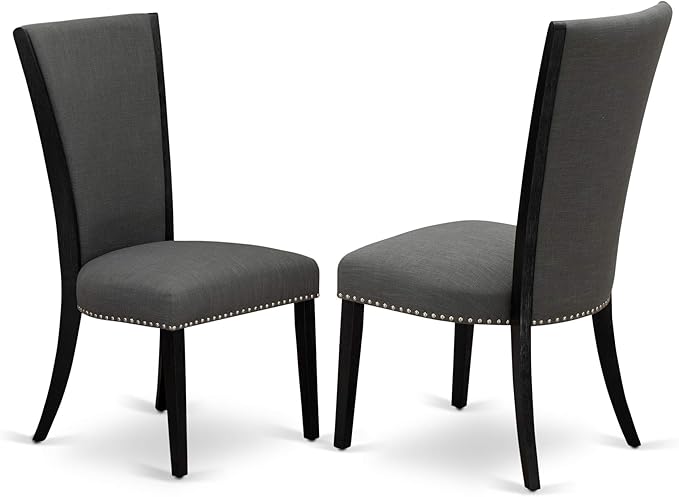 X02VE-206-50 - 5-pc Dining Room Table Set a Rectangular Dining Table and 2 wooden Benches and 2 Dark Gotham Grey Linen Fabric Chairs, 39x120 Inch, Wire Brushed Black